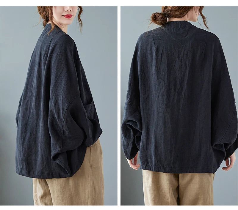 Women Long Sleeve Jackets New 2022 Autumn Vintage Style All-match Loose Comfortable Cotton Linen Female Casual Coats B2100