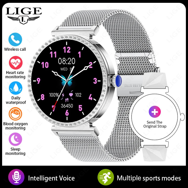 New Luxury Diamond Smart Watch Women Bluetooth Call Smartwatch Heart Rate Health Monitor Smartwatches Waterproof Bracelet Ladies