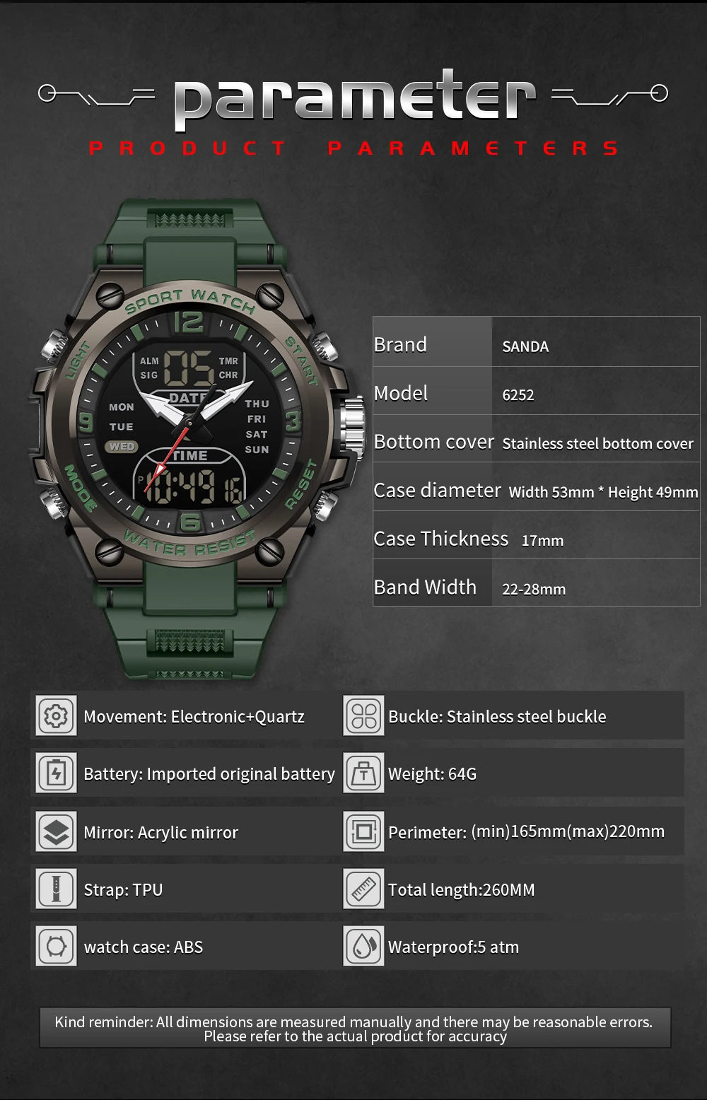 SANDA New Fashion Men Watch Multifunctional Outdoors Sports Waterproof Wristwatch LED Luminous Electronic Digital Men Watches