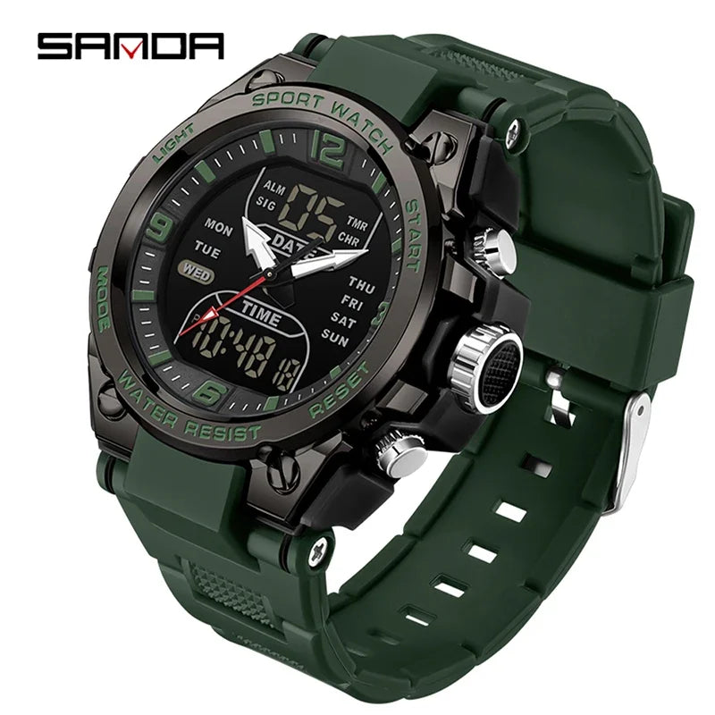 SANDA New Fashion Men Watch Multifunctional Outdoors Sports Waterproof Wristwatch LED Luminous Electronic Digital Men Watches
