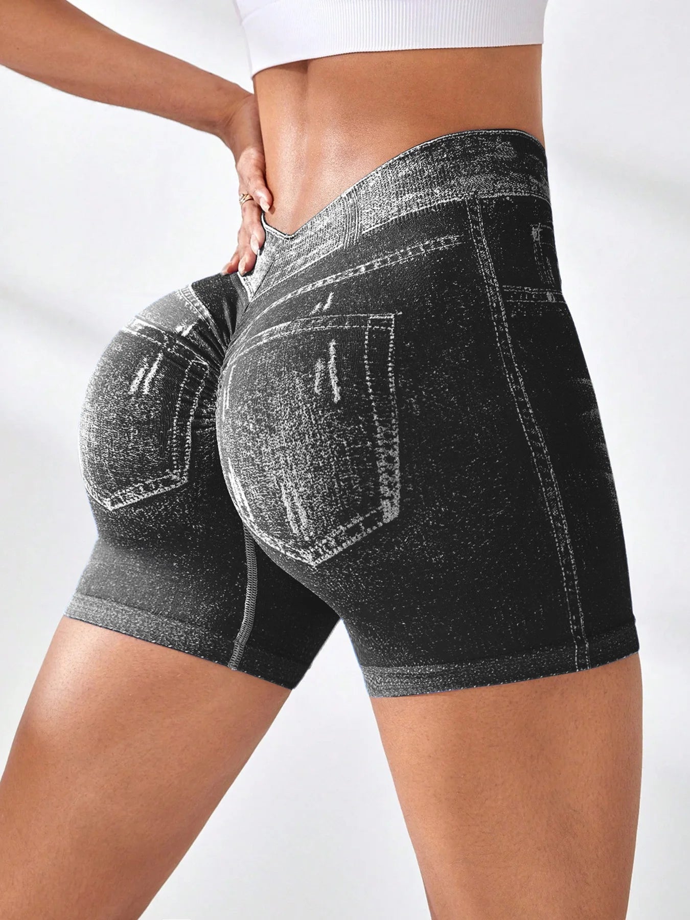 Women V back Shorts Faux Jeans Elastic Workout Sports Yoga Pants Butt Lifting Leggins Fitness Athletic Short Tights Seamless