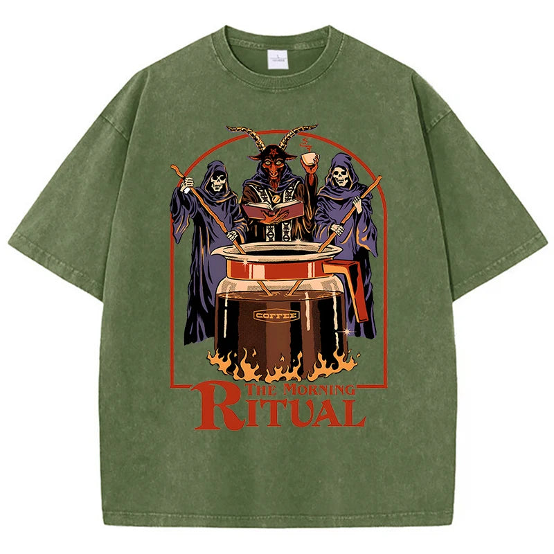 The Morning Ritual Coffee Funny Washed Retro Men T Shirts Summer Cotton T-Shirts Breathable Loose Clothes Hip Hop Street Tees