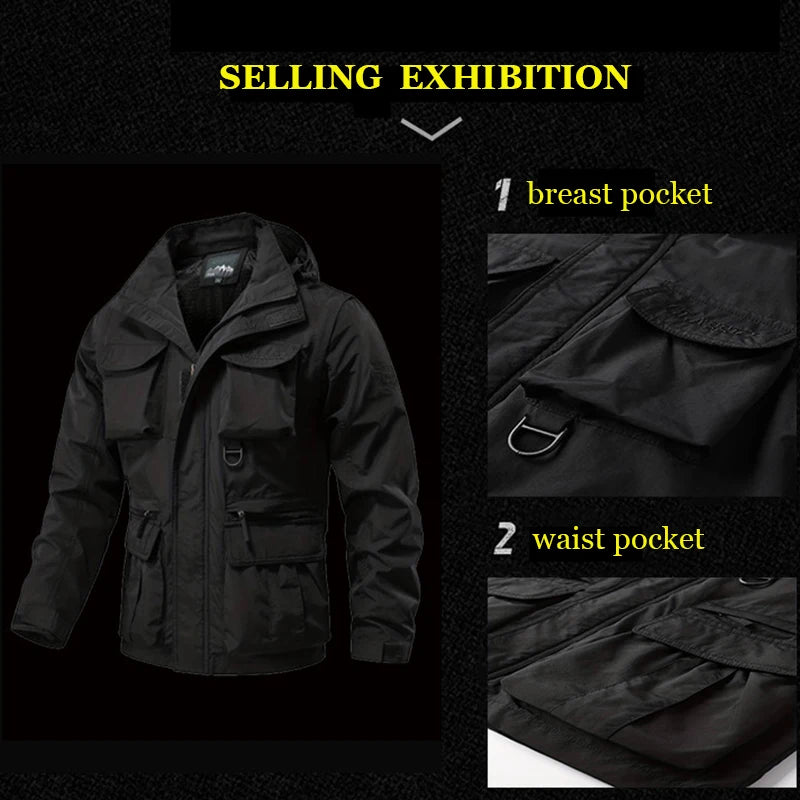 Waterproof Men Jackets Casual Work Coats Detachable Hooded Multi-Pocket Jackets Autumn Outdoor Windproof  Camping Outerwear Coat