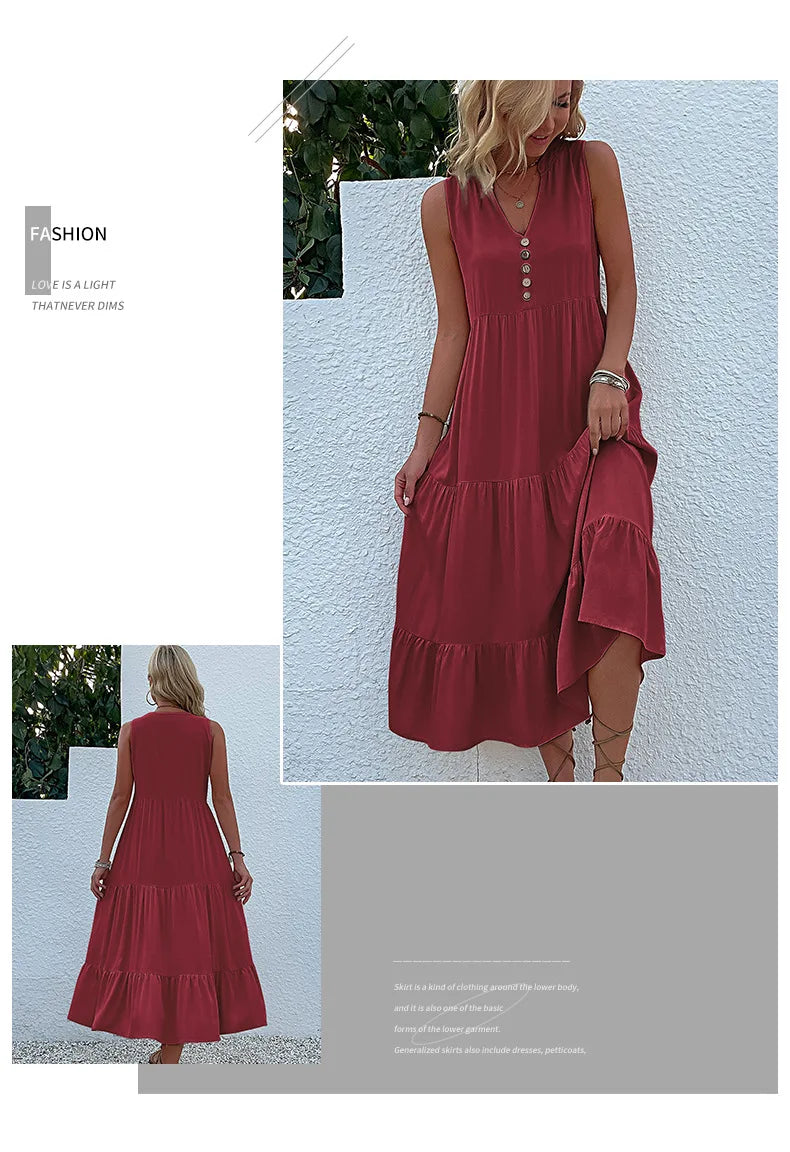 Dresses for Women 2025 Summer V-neck Single-breasted Vest Dress Sleeveless Loose Casual Solid Color Dress Vestidos De Mujer