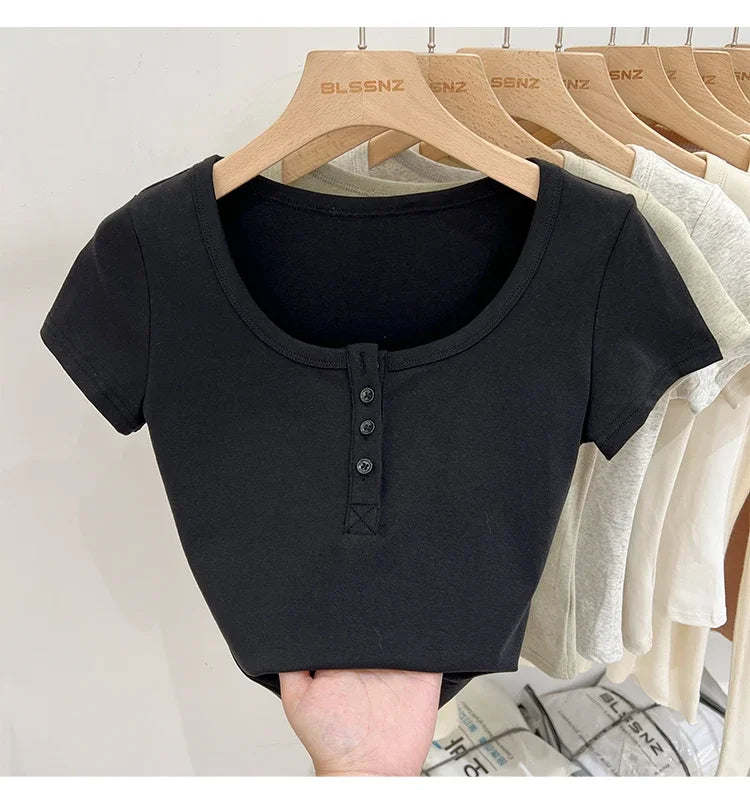 Women T Shirt Button T-Shirt Woman Clothes Tops Cotton Slim Tshirt Female Short Sleeve Top Summer Tee Sexy Canale Y2k