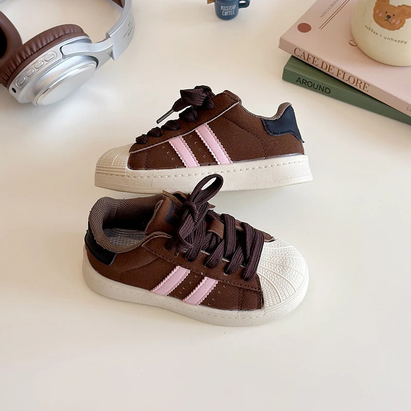 Kids Sports Shoes Non-slip Soft Sole 2025 New Boys Girls Casual Shoes Striped Trendy Students Skate Shoes Round Toes Hook&loop