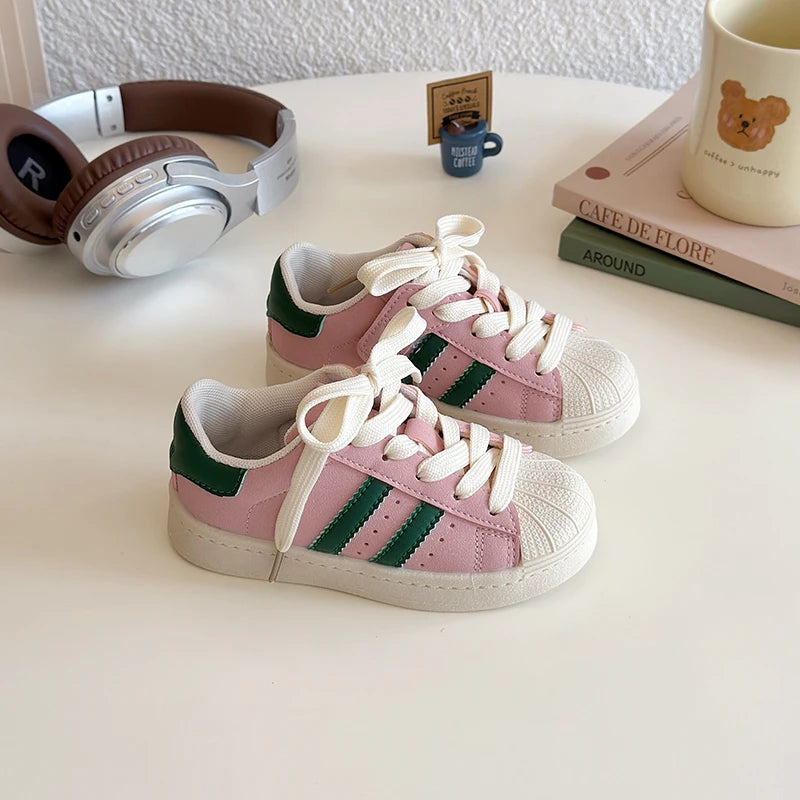 Kids Sports Shoes Non-slip Soft Sole 2025 New Boys Girls Casual Shoes Striped Trendy Students Skate Shoes Round Toes Hook&loop