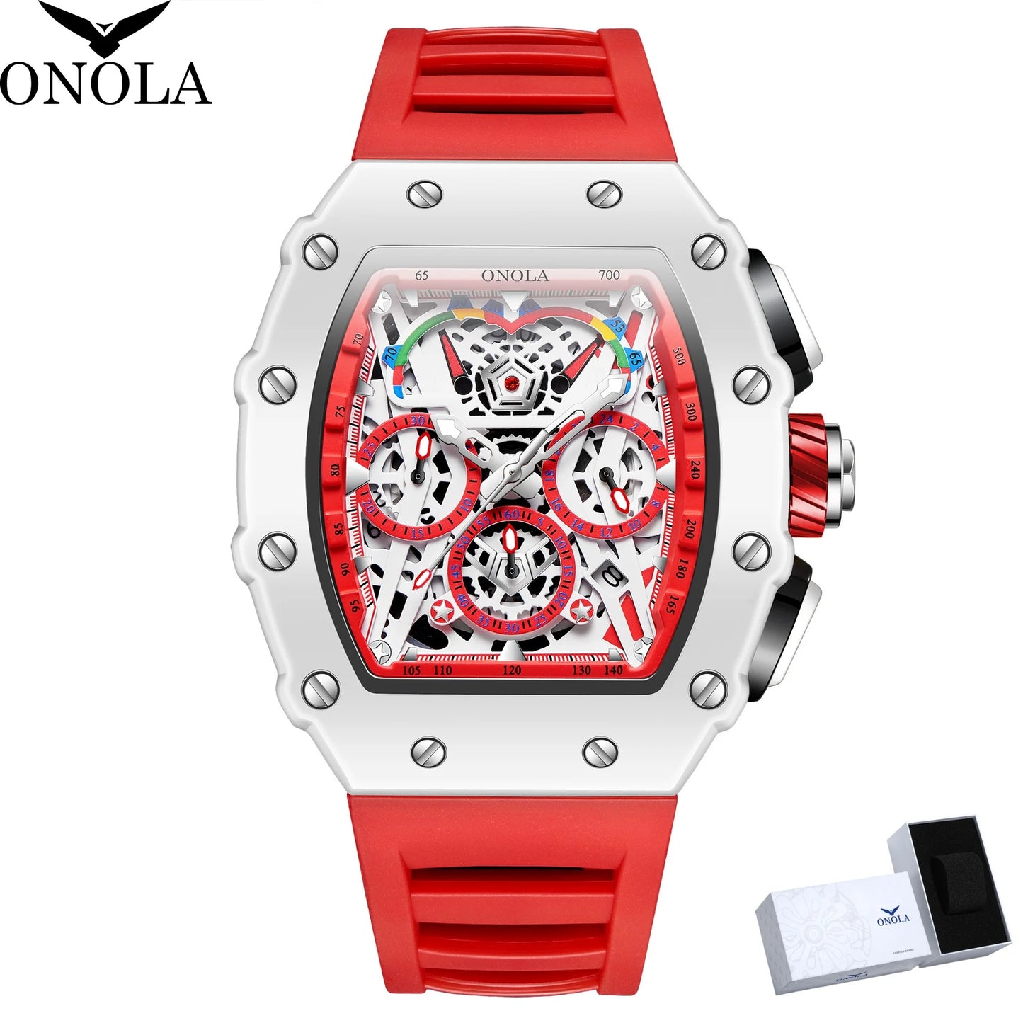 Watches for Man ONOLA 6827W Trend White Men Watch Waterproof Chronograph Quartz Wristwatch Sports Silicone Strap Reloj Hombre