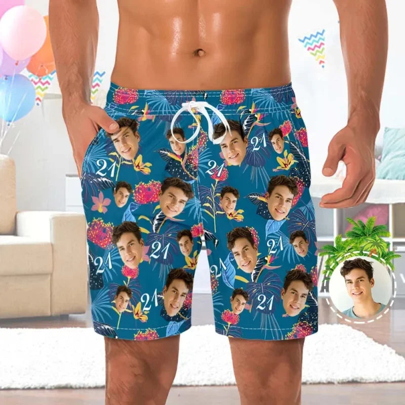 Custom Face Men Shorts Flowers Foliage Hawaii Beach Shorts 3D Printed Unisex Gym Sport Board Short Pants Ice Swim Trunks Ropa