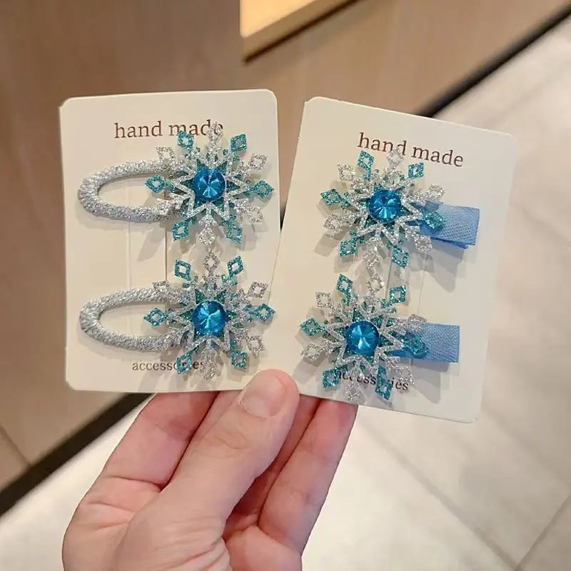 Kids Hair Accessories Set 2PCS Princess Snowflake Clips Hair Ties All Cover Fabric Blue Rhinestone Side Clips for Girls