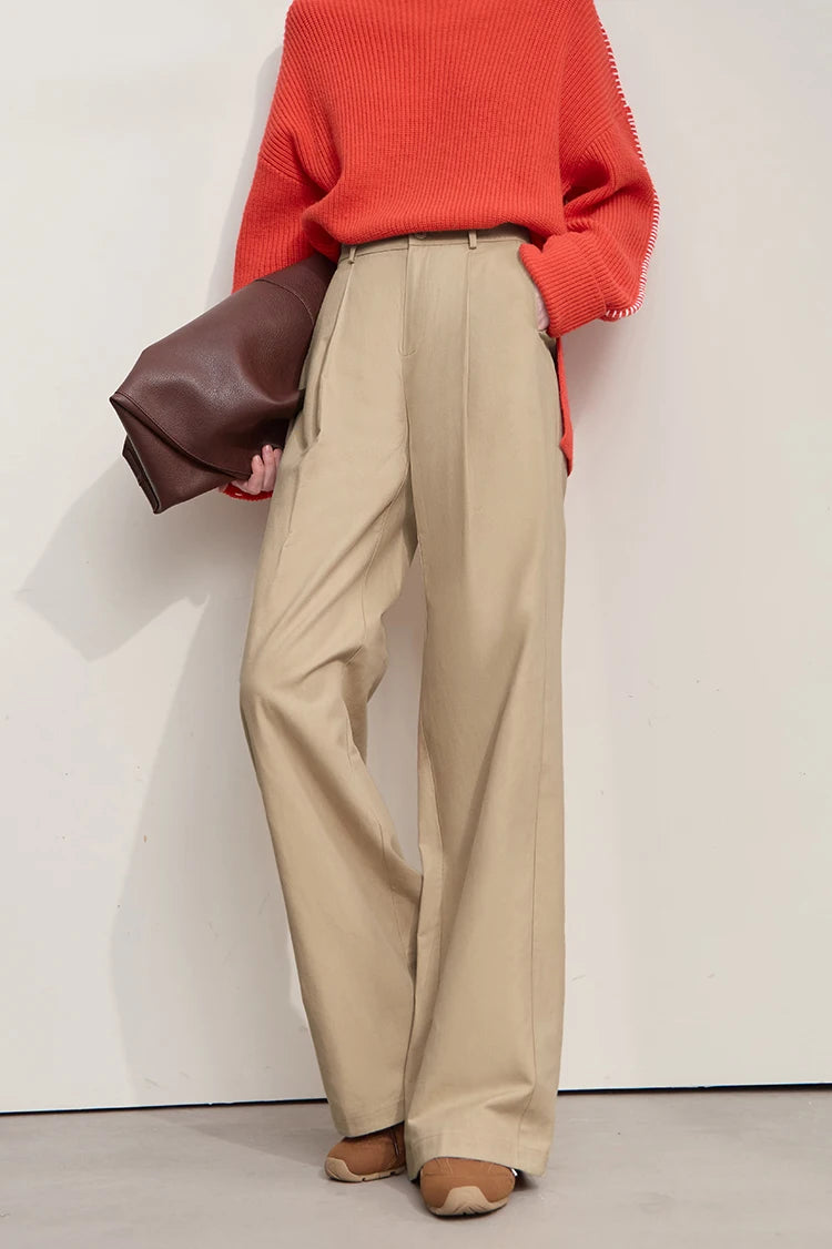 AMII Casual Women Pants 2025 Autumn Elegant Cotton Simple Loose High Waist Pleated Wide Leg Pants Office Lady Clothing 12553020