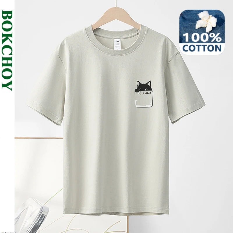 Summer New Pure Cotton Cat Printed Men T-shirts Short Sleeve Casual Solid Color Simple Thin Men Tops BOK0121