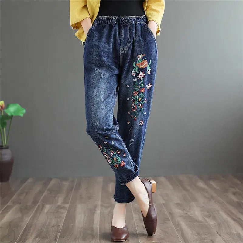 Vintage Jeans Women Embroidered Denim Trousers Streetwear Harem Pants Female Ankle-length New Loose Stretch Mom Jeans Q5760