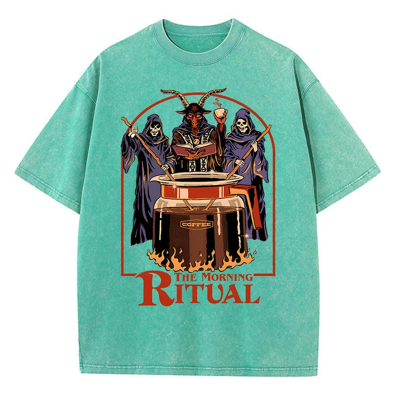 The Morning Ritual Coffee Funny Washed Retro Men T Shirts Summer Cotton T-Shirts Breathable Loose Clothes Hip Hop Street Tees