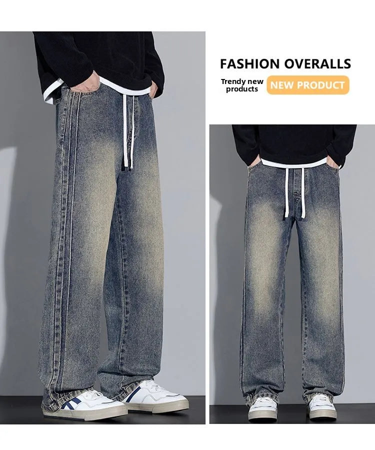 Elastic Loose Straight Jeans Men's Wide Legged Denim Pants Casual Trousers Korean Style Sportswear Clothing Jeans Men Pants