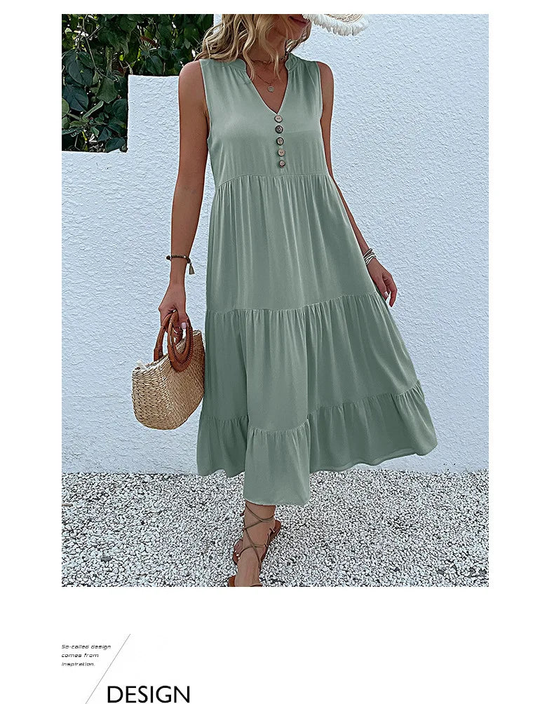 Dresses for Women 2025 Summer V-neck Single-breasted Vest Dress Sleeveless Loose Casual Solid Color Dress Vestidos De Mujer