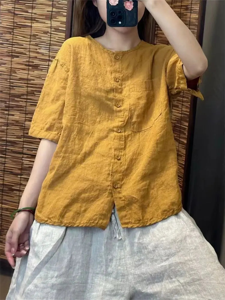 Chiffon Cotton Linen round Neck T-shirt Women Summer New Vintage Art Loose Shirt  Open Cardigan Top 2025 Short Shirt For Women