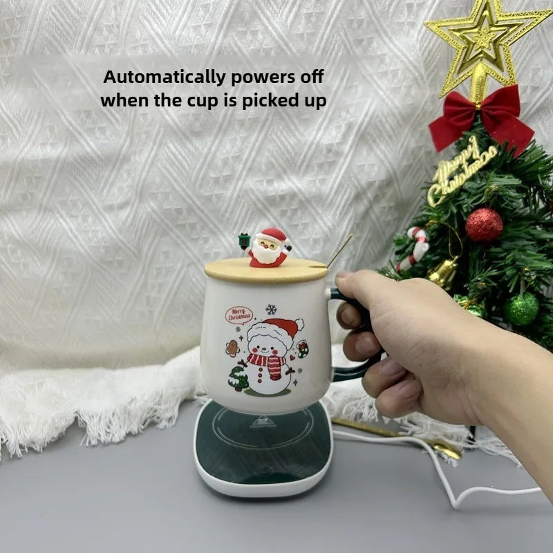 Christmas gift set: 55-degree warm ceramic cup with lid, Santa Claus mug, office coffee cup