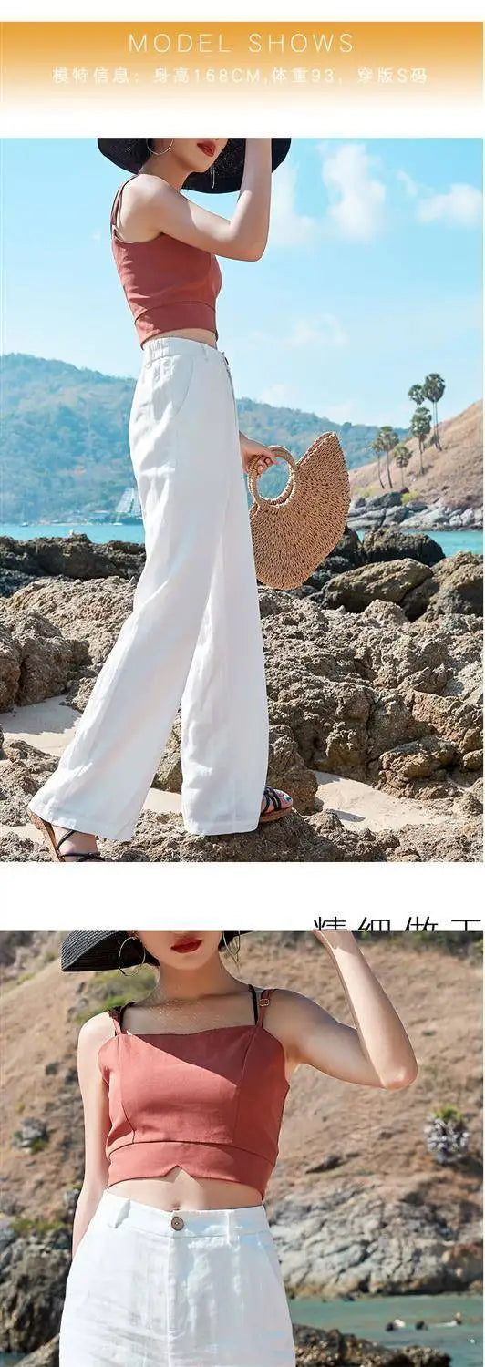 Women's Pants Summer Cotton Linen Wide Leg Pants Full Length Casual Solid White Loose High Waist Straight Trousers Women