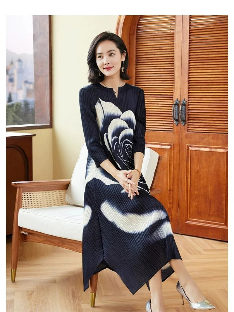Women's Dress Womens Dresses Elegant and Peony Flower Print Cropped Sleeve Pleated Loose Dress Women's Miyake Round Neck Dress