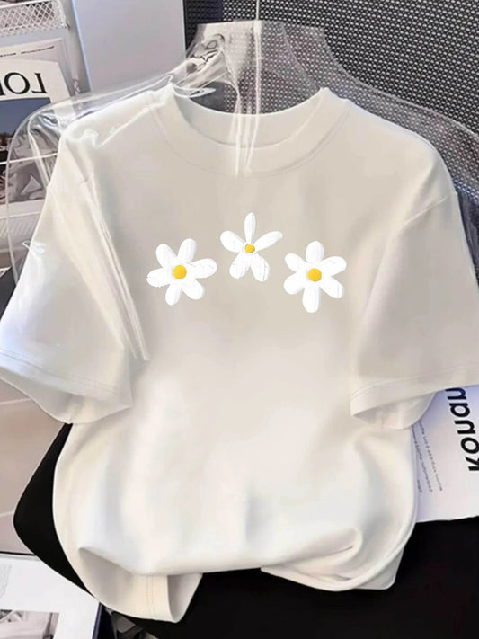 Women's Cute Cartoon Print Cotton Shirt Soft Breathable Short Sleeve Round Neck Tee Sweet Style Casual Summer Top For Daily Wear