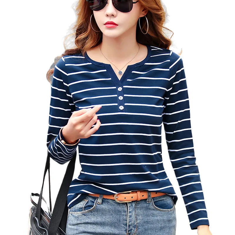 Cotton T-Shirt Women Long Sleeve Striped T Shirt Fashion 2025 Spring Autumn Female Clothes Top Tee Lady V-neck Tops 7215