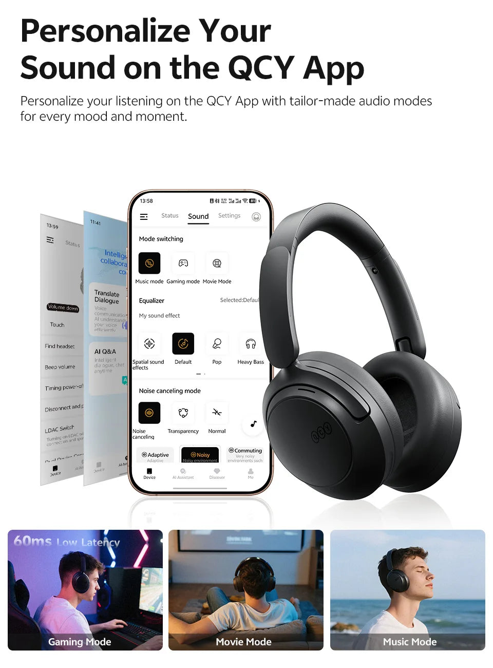 QCY H3S Wireless Headphones Bluetooth 6.0 Noise Canceling -56dB Over Ear Earphone Hi-Res Spatial Audio Dual Driver Headset 102H