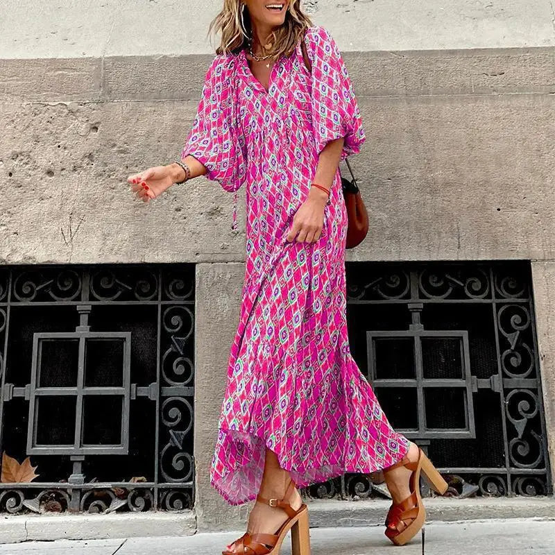 Summer Women Dresses Floral Print Ruffles Boho V-neck Puff Sleeve Casual Loose Beach Dress Half Sleeve Holiday Maxi Long Dress