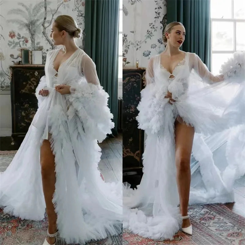 White Women Maternity Dresses for Photo Shoot V Neck Full Sleeves Robe Tiered Tulle Prom Wedding Pregnant Custom Made