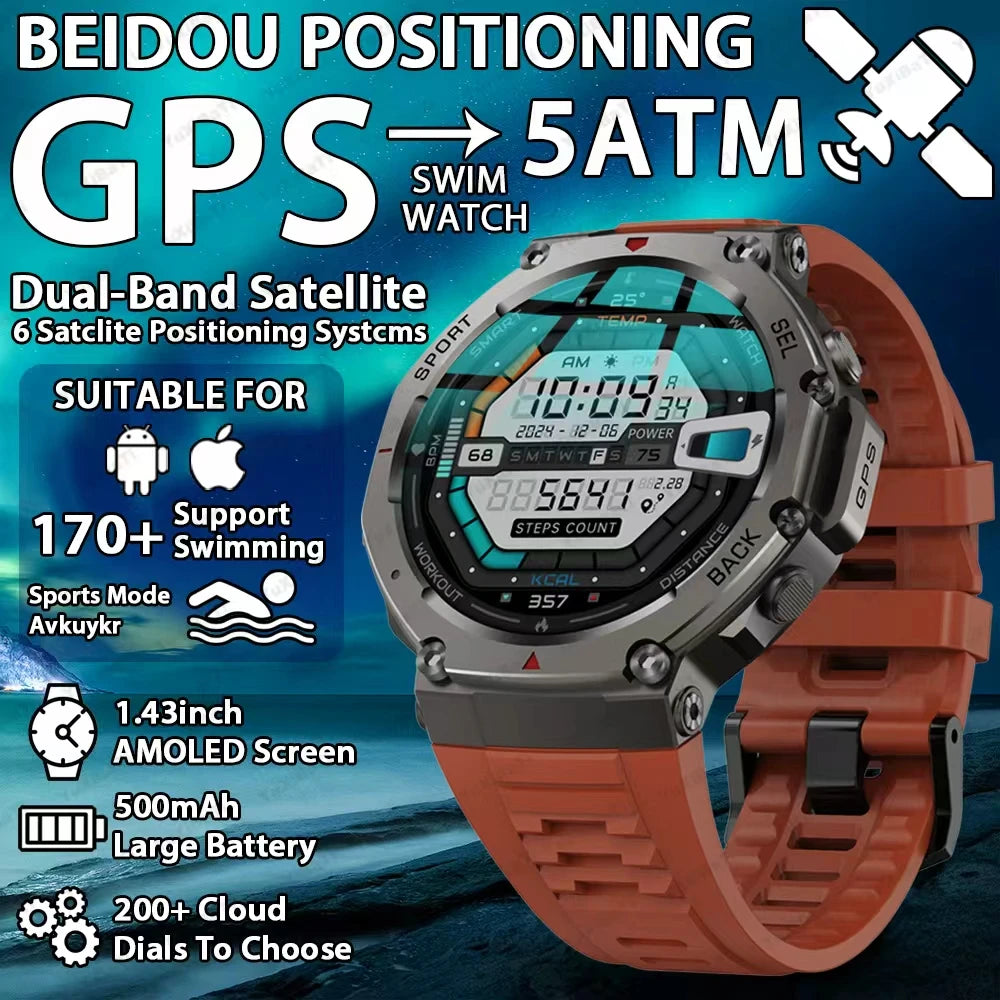 T-Rex 3 Military Grade 500mAh Battery Smart Watch 10ATM Waterproof GPS Compass Altimeter Call AMOLED Men Swim Sports Smartwatch
