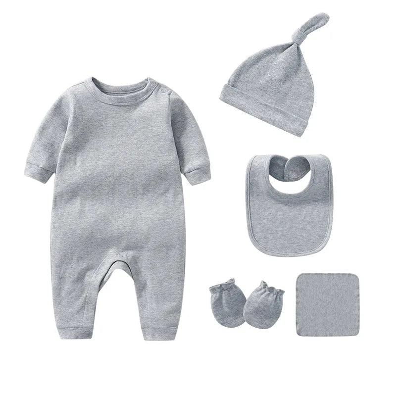 Baby Rompers+hats+bibs+socks 5pcs Cotton Newborn Baby Clothes Summer Solid Baby Girl Clothing Sets 0-2 Year Bebe Jumpsuit