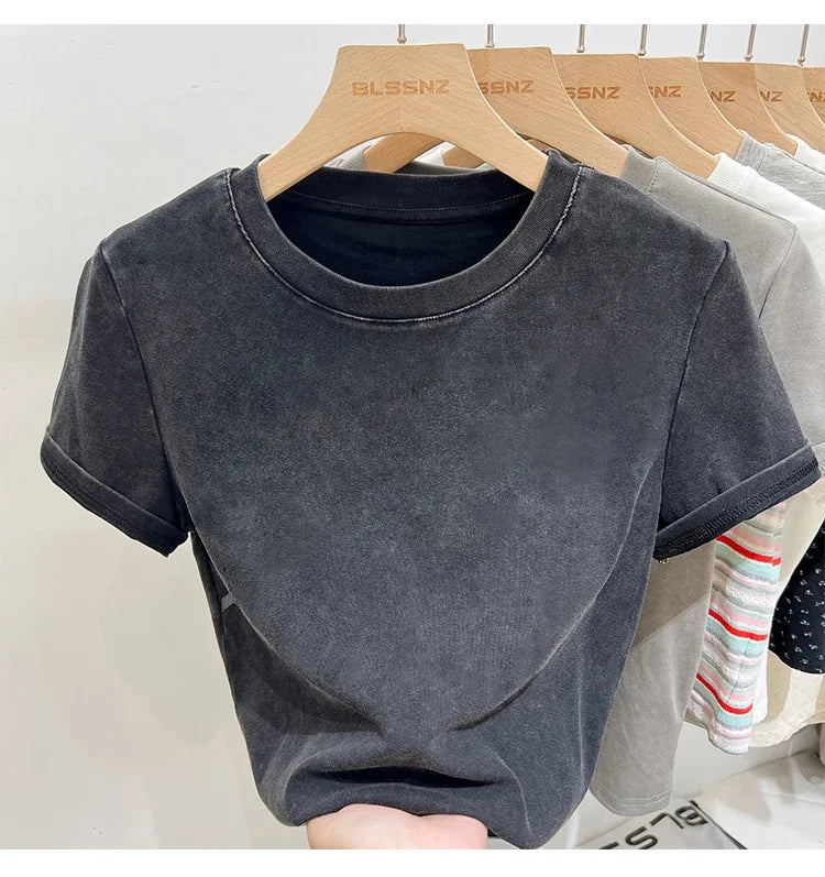Women's Cotton T-shirt Female Summer 2025 Short Sleeve Washed Vintage Tee Harajuku Casual O-Neck Simple Slim Fit T Shirts