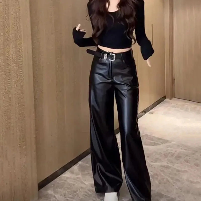 Womens Clothes Black PU leather Pants Women Casual Fashion Streetwear Gothic High Waist Flare leggings Trousers Womens Pants