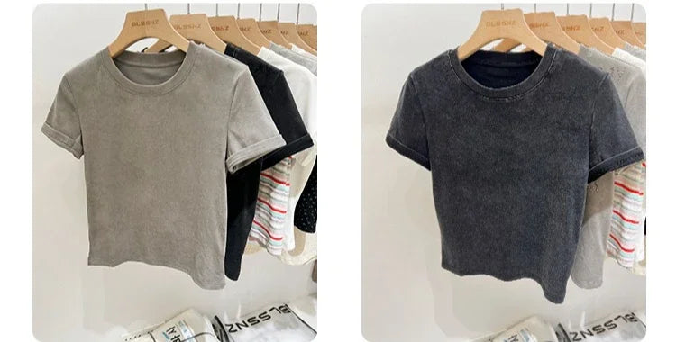 Women's Cotton T-shirt Female Summer 2025 Short Sleeve Washed Vintage Tee Harajuku Casual O-Neck Simple Slim Fit T Shirts