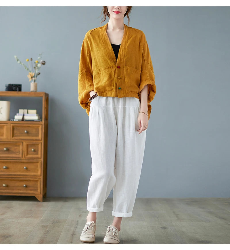 Women Long Sleeve Jackets New 2022 Autumn Vintage Style All-match Loose Comfortable Cotton Linen Female Casual Coats B2100