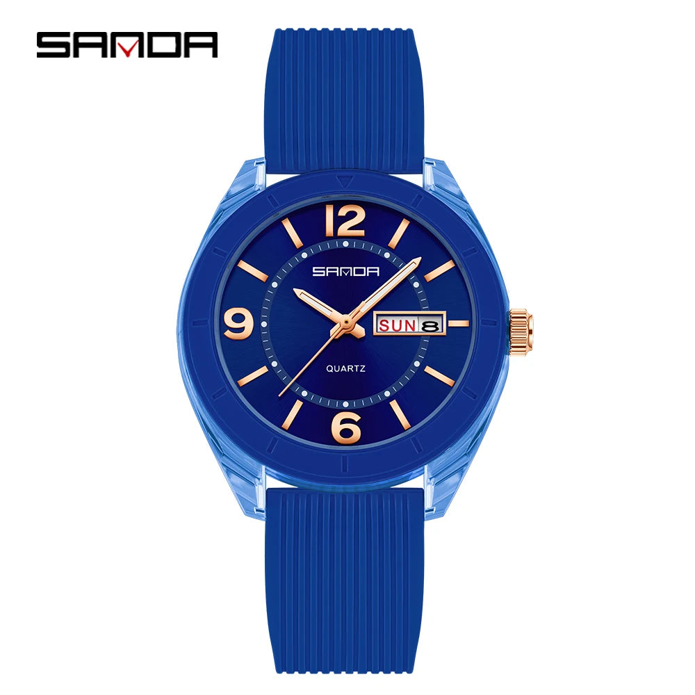 SANDA New 6287 Male And Female Students Leisure Exam Quartz Watch Night Light waterproof Double Calendar Quartz Watch