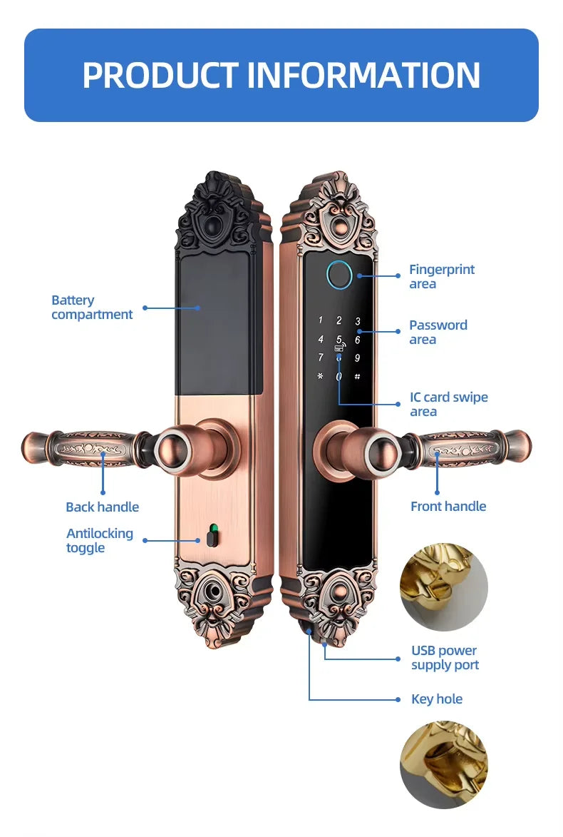 Smart Home Digital Lock Electronic Fingerprint Smart Lock European Home Indoor Door Handle Lock Golden Red Brown Tuya TTlock