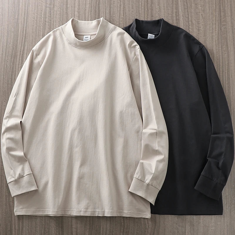 Dukeen 270G Heavyweight Half-Turtleneck Long-Sleeve T Shirts for Men Autumn 100% Cotton Solid Color Undershirt Men's Clothing