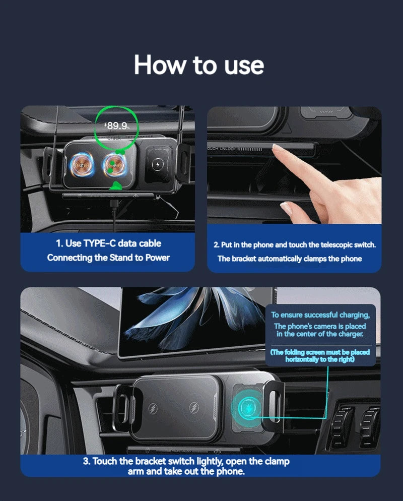 15W Universal Car Phone Wireless Charger Holder 360° Rotation Mount for Samsung Galaxy Fold 6 5 4 3 Z Flip S25 S24 Iphone 16 15
