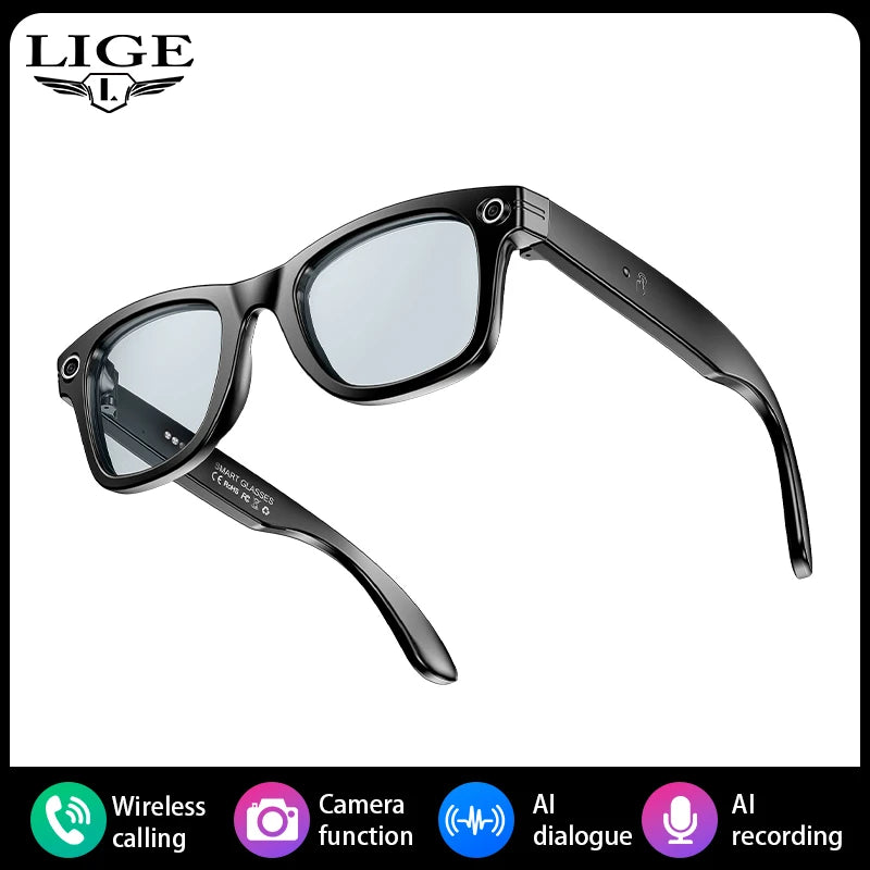 LIGE AI Smart Glasses with Camera Sunglasses 100W Camera Video Recorder Wireless Bluetooth Call Anti-blue Glasses for Man Women