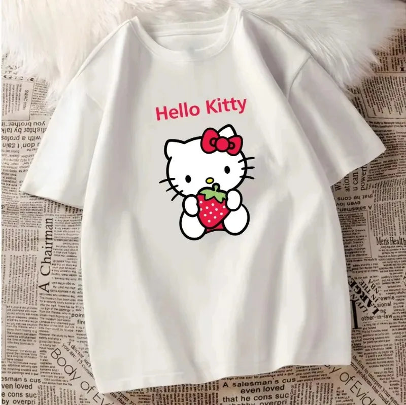 Hello Kitty Cotton T-shirt Women Men Couples Cute Printed Trend Tops Oversized Y2k Unisex Couples T-shirts Female Male Clthing