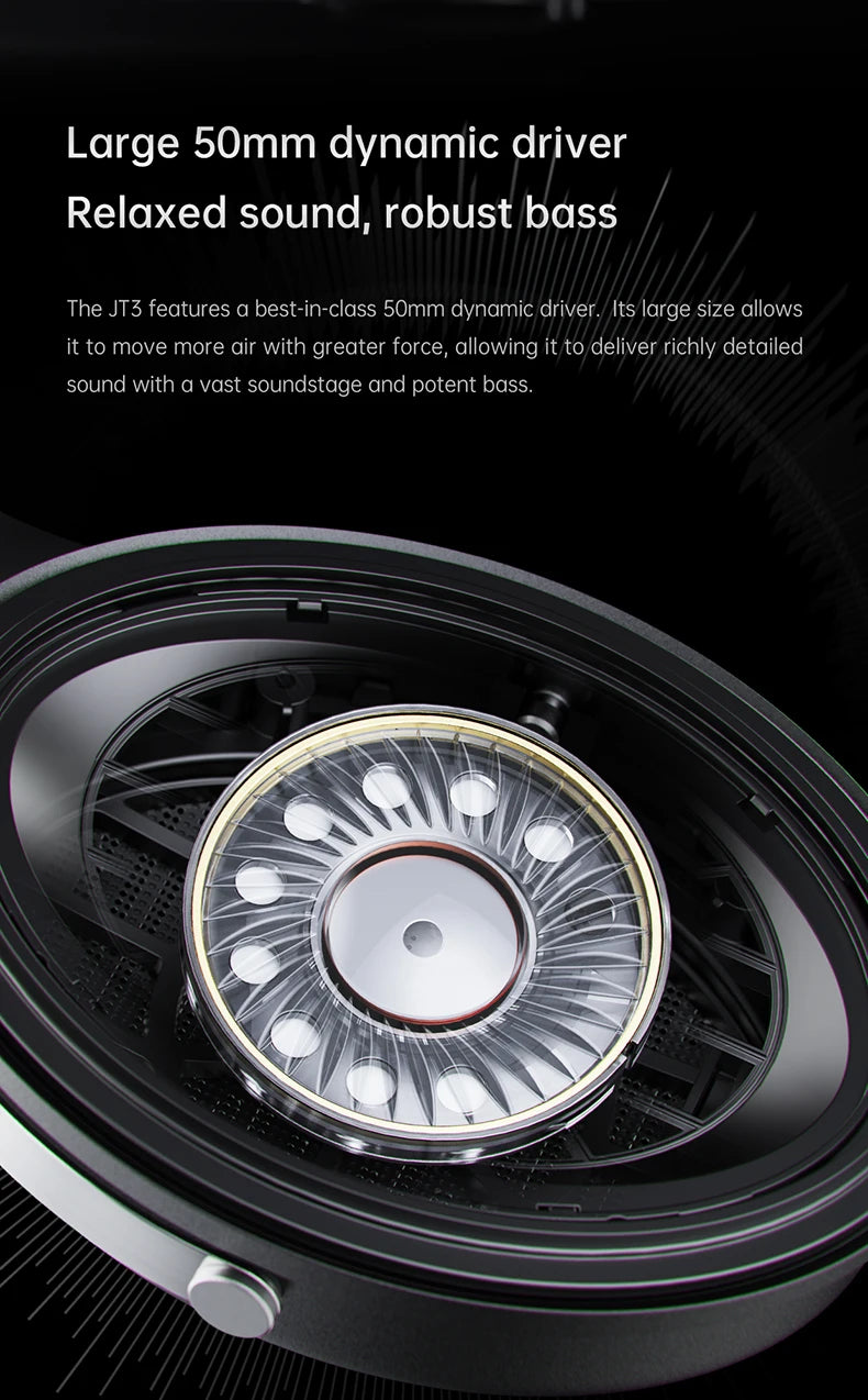 FiiO JT3 Over-Ear Open-Back Headphones, 50mm Dynamic Driver, PEK+PU Composite Diaphragm, Detachable 3.5mm Cable with Mic