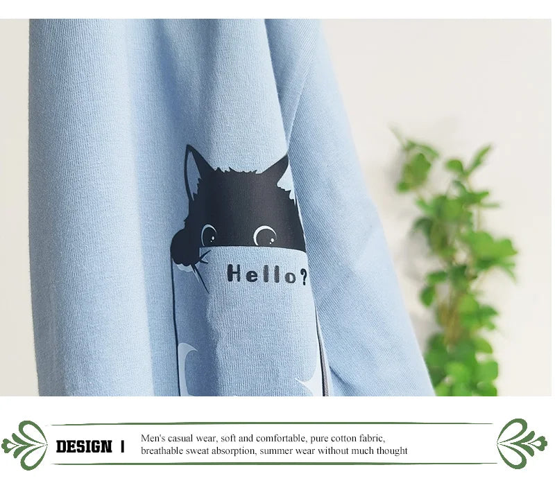 Summer New Pure Cotton Cat Printed Men T-shirts Short Sleeve Casual Solid Color Simple Thin Men Tops BOK0121