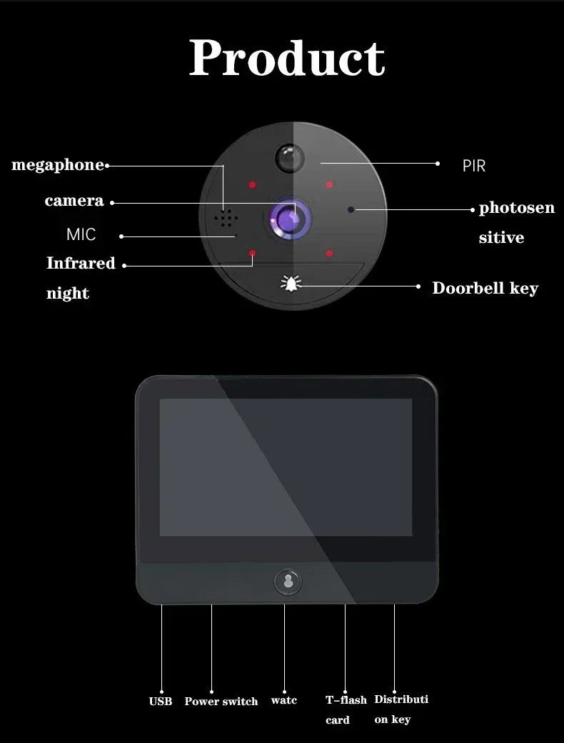 New WiFi Smart Door Bell Eye 1080P FHD Peephole Camera Audio 4.3' IPS Screen PIR Infrared Announcement Digital Viewer