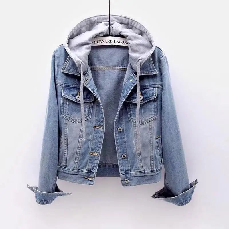 Denim Short Jacket for Women Short Autumn Winter Korean Long-sleeved Slim Hooded Versatile