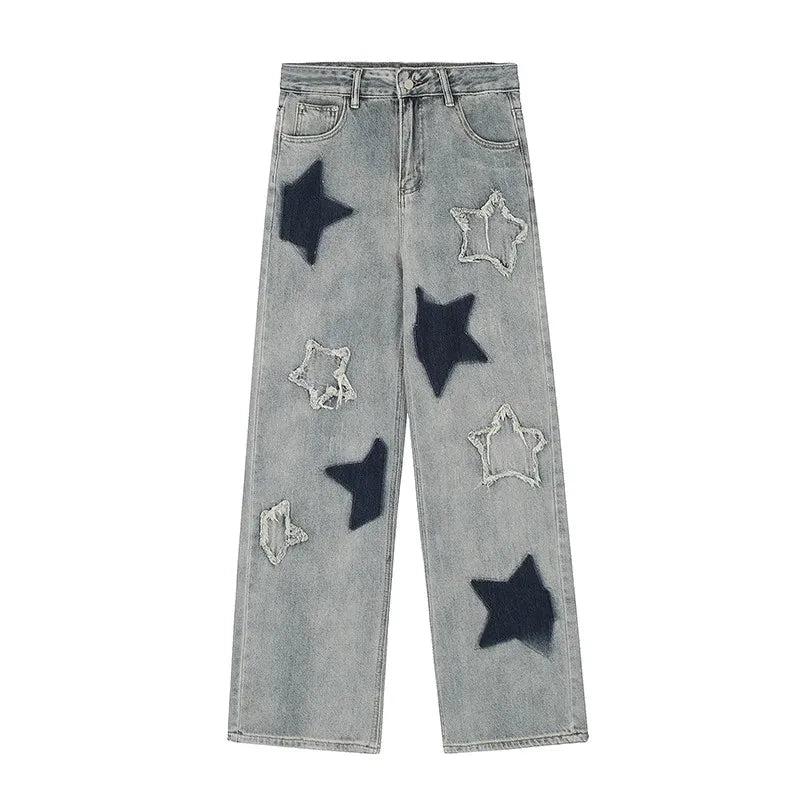 Women's Jeans American Vintage Star Embroidery Casual Denim Trousers Y2K Design Sense Denim High Street Loose Straight Leg Pants