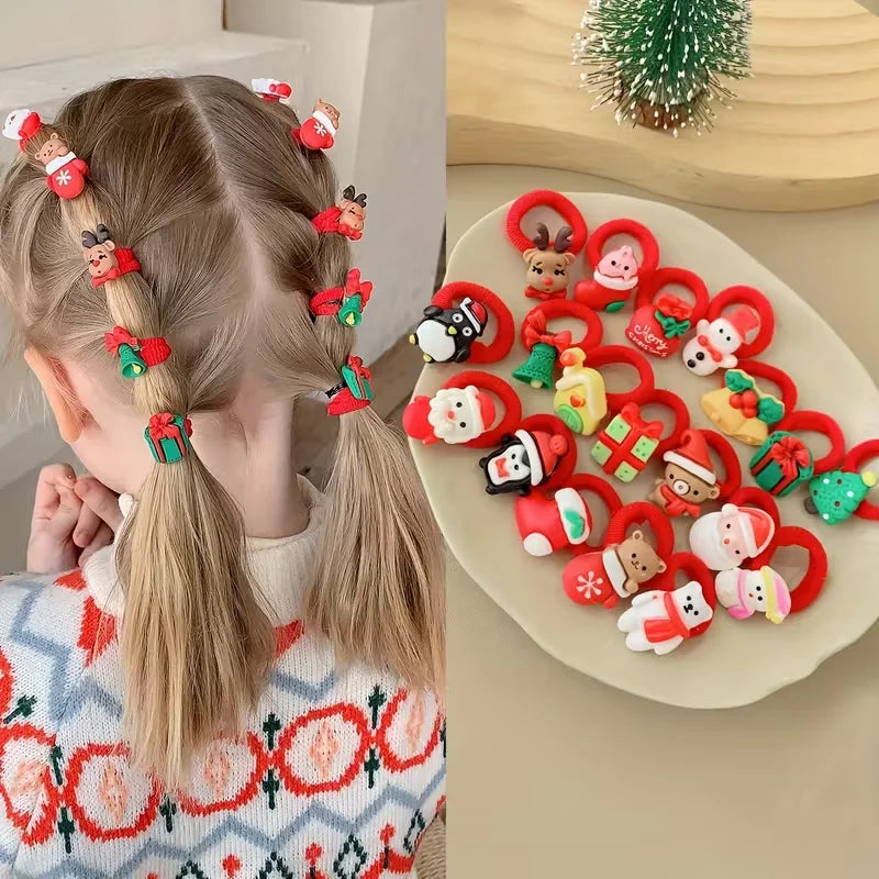 10Pcs/Set Kids Girls Christmas Hair Ties Cute Santa Claus & Reindeer Design Festive Hair Accessories Holiday Parties Decorations