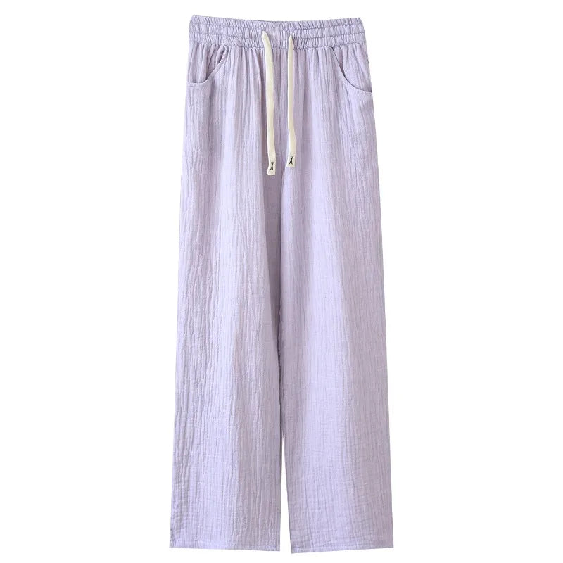 Summer Women Cotton Gauze Wide Leg Pants Casual Loose Elastic Waist Trousers with Pockets Solid Color Breathable Lounge Pants