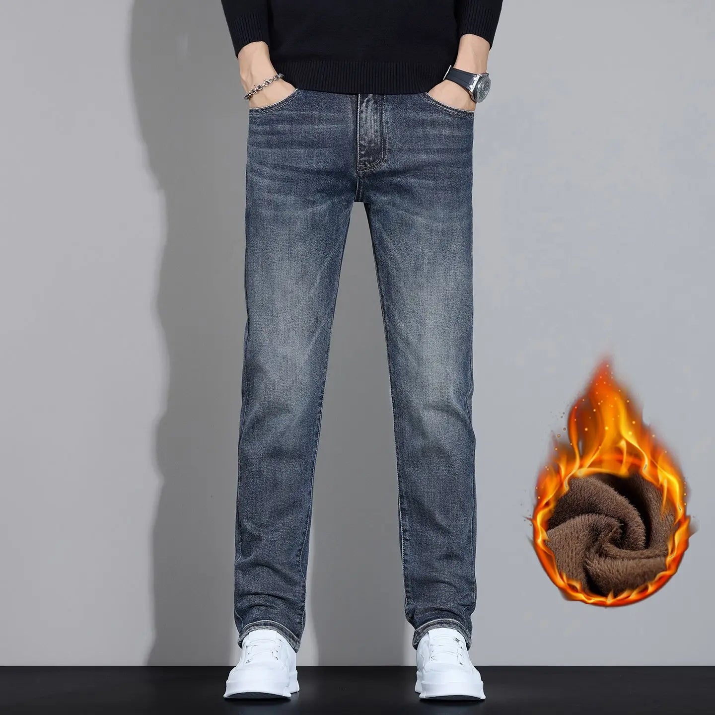Fleece Thermal Autumn Winter Denim Jeans for Men Pants Warm Thicken Straight Stretch Clothing Fashion Street Causal Denim Pants