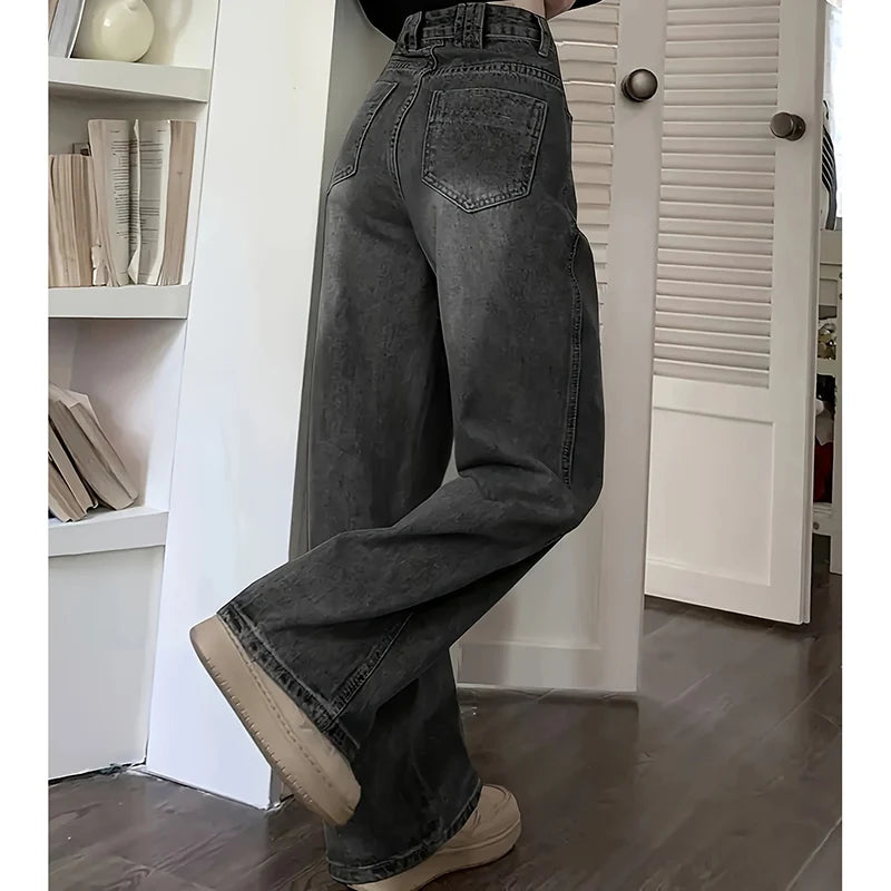 Women Fashion Loose Jeans Female High Waist Streetwear Designer Wide Leg Trousers Female Classic Gray Goth Straight Leg Pants